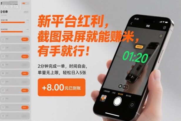 新平台红利,截图录屏就能賺米,有手就行!2分钟完成一单,时间自由,单量无上限,轻松日入5张【揭秘】-搞钱利器