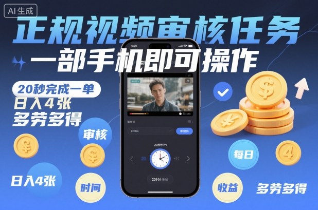 正规视频审核任务，一部手机即可操作，20秒完成一单，日入4张，多劳多得【揭秘】-搞钱利器