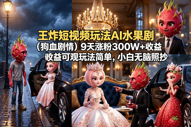 王炸短视频玩法AI水果剧(狗血剧情)9天涨粉300W+收益可观玩法简单，小白无脑照抄，详细拆解玩法-搞钱利器
