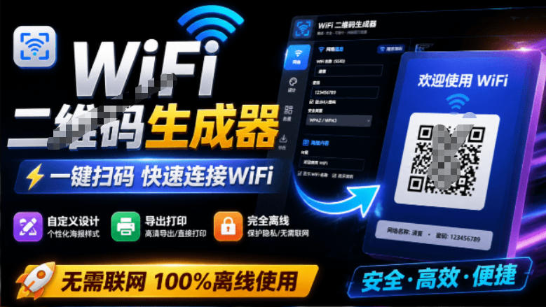 完全离线使用！WiFi二维码生成器，一键扫码快速连接WiFi，支持自定义风格导出WiFi二维码生成器-搞钱利器
