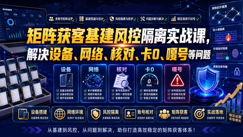 矩阵获客基建风控隔离实战课，解决设备、网络、核对、卡0、嘎号等问题-搞钱利器