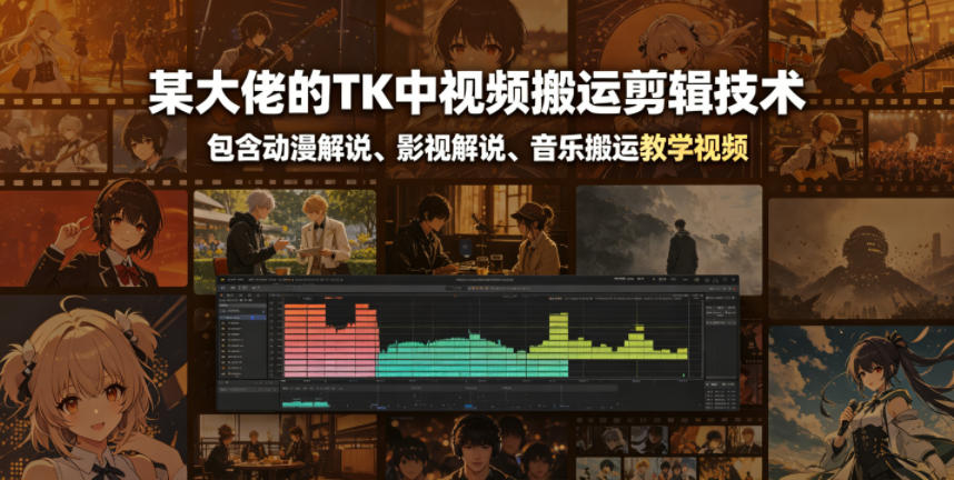某大佬的TK中视频搬运剪辑技术，包含动漫解说、影视解说、音乐搬运教学视频-搞钱利器