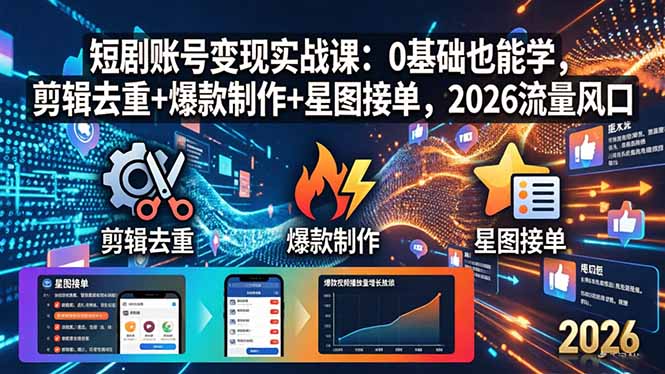 短剧账号变现实战课：0基础也能学，剪辑去重+爆款制作+星图接单，2026流量风口-搞钱利器