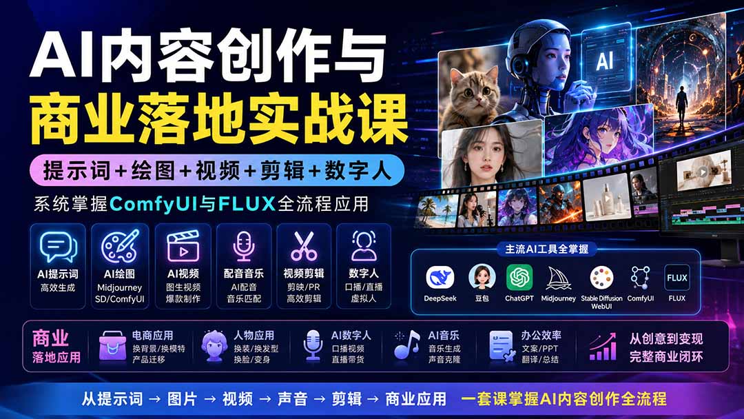 AI内容创作与商业落地实战课：提示词+绘图+视频+剪辑+数字人，系统掌握ComfyUI与FLUX全流程应用-搞钱利器