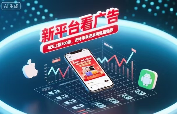 新台看广告，养好机一条5毛到5块，单机日入30到100，支持苹果安卓，可批量操作。-搞钱利器