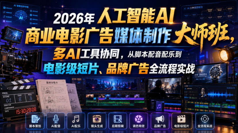 2026年人工智能AI商业电影广告媒体制作大师班，多AI工具协同，从脚本配音配乐到电影级短片、品牌广告全流程实战(中英字幕)-搞钱利器