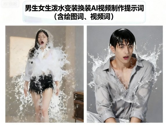 男生女生泼水变装换装AI视频制作提示词(含绘图词、视频词)-搞钱利器