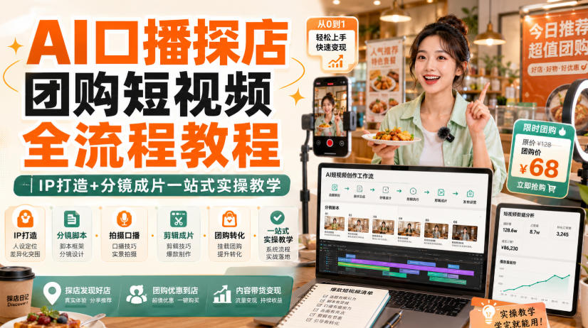 AI口播探店团购短视频全流程教程｜IP打造+分镜成片一站式实操教学-搞钱利器