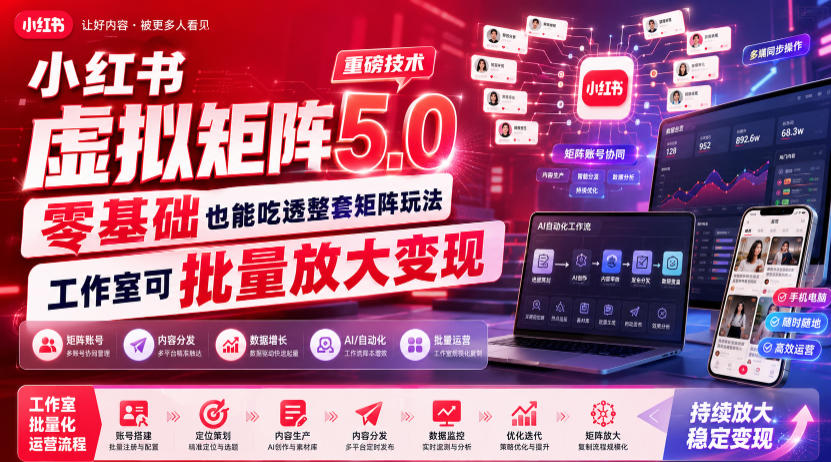 小红书虚拟矩阵5.0重磅技术，零基础也能吃透整套矩阵玩法，工作室可批量放大变现-搞钱利器