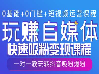 0基础+0门槛+短视频运营课程，玩赚自媒体快速吸粉变现课程，一对一教玩转抖音吸粉爆粉-搞钱利器