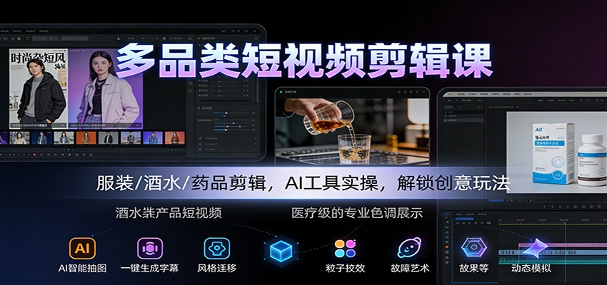 多品类短视频剪辑课：服装/酒水/药品剪辑，AI工具实操，解锁创意玩法-搞钱利器