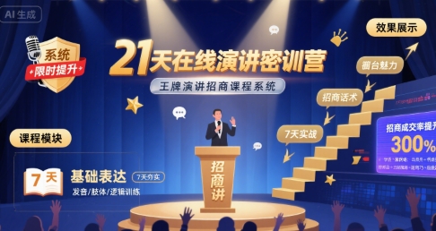 21天在线演讲密训营，王牌演讲招商课程系统-搞钱利器