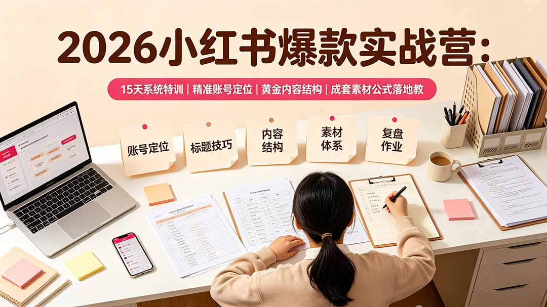 2026小红书爆款实战营：15天系统特训｜精准账号定位｜黄金内容结构｜成套素材公式落地教程-搞钱利器