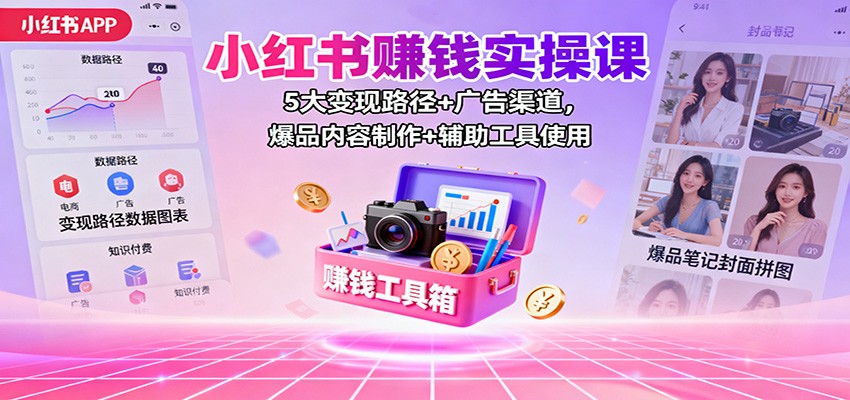 小红书赚钱实操课：5大变现路径+广告渠道，爆品内容制作+辅助工具使用-搞钱利器