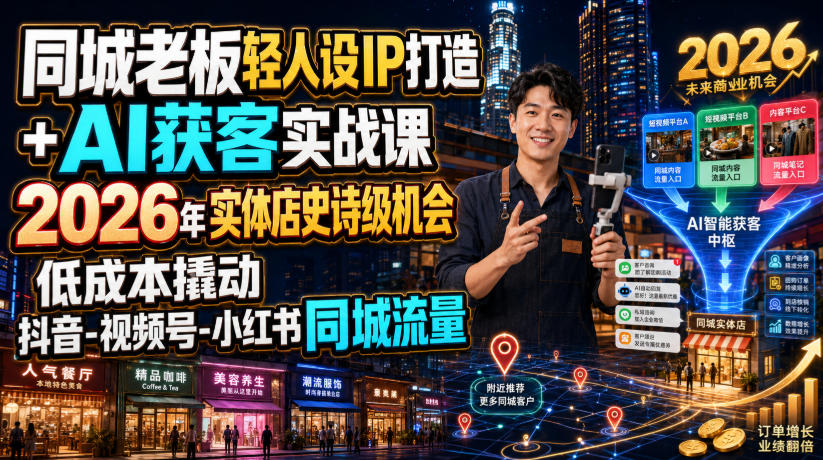 同城老板轻人设IP打造+AI获客实战课，2026年实体店史诗级机会，低成本撬动抖音-视频号-小红书同城流量-搞钱利器
