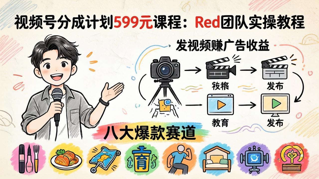 视频号分成计划599元课程：Red团队实操教程，发视频赚广告收益，八大爆款赛道全掌握-搞钱利器