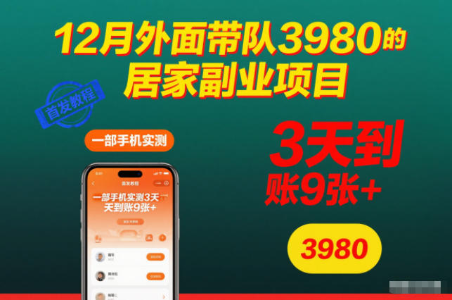 12月外面带队3980的居家副业项目,一部手机实测3天到账9张+,首发教程【揭秘】-搞钱利器