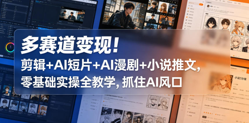多赛道变现！剪辑+AI短片+AI漫剧+小说推文，零基础实操全教学，抓住AI风口-搞钱利器