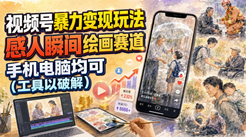 视频号暴力变现玩法，感人瞬间绘画赛道，手机电脑均可-搞钱利器