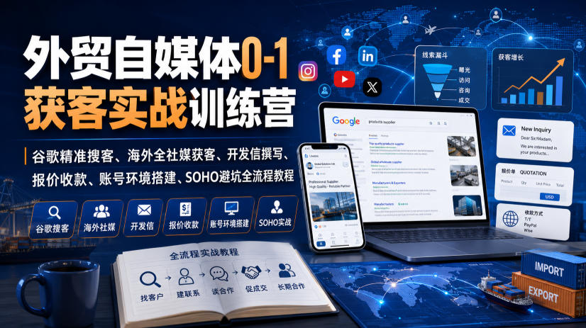 外贸自媒体0-1获客实战训练营｜谷歌精准搜客、海外全社媒获客、开发信撰写、报价收款、账号环境搭建、SOHO避坑全流程教程-搞钱利器