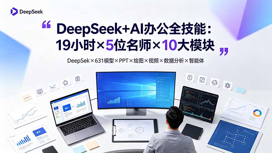 DeepSeek+AI办公全技能:19小时×5位名师×10大模块,DeepSeek×631模型×PPT×绘图×视频×数据分析×智能体-搞钱利器