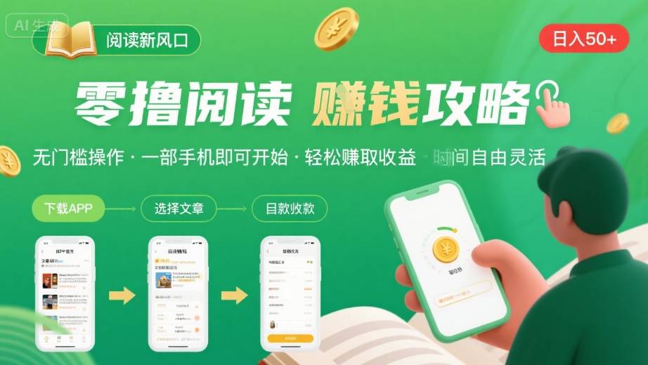 零撸阅读新风口，无门槛轻松挣，一部手机，日入 50-3张【揭秘】-搞钱利器