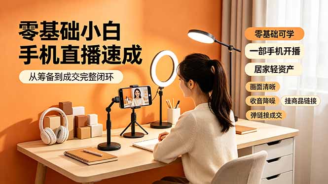 零基础小白手机直播速成，从筹备到成交完整闭环，适配苹果安卓系统，解决杂音卡顿留人难问题-搞钱利器