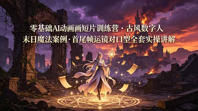 零基础AI动画短片训练营，古风数字人末日魔法案例，首尾帧运镜对口型全套实操讲解-搞钱利器