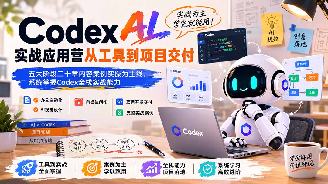 Codex AI实战应用营从工具到项目交付；五大阶段二十章内容案例实操为主线，系统掌握Codex全栈实战能力-搞钱利器