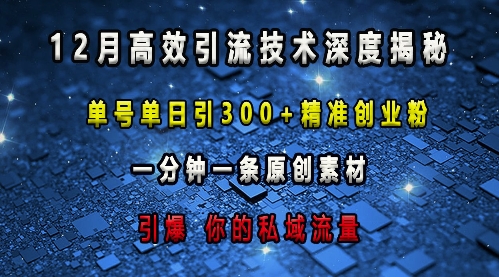 最新高效引流技术深度揭秘 ，单号单日引300+精准创业粉，一分钟一条原创素材，引爆你的私域流量-搞钱利器