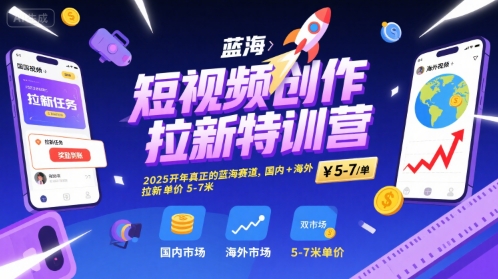 短视频创作拉新特训营，2025开年真正的蓝海赛道，国内+海外，拉新单价5-7米-搞钱利器