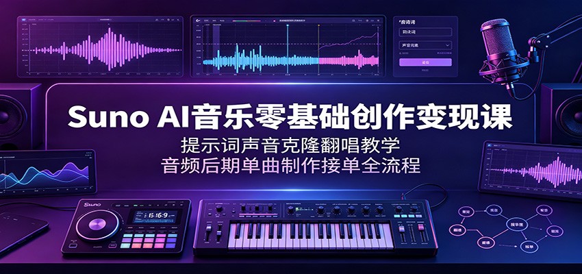 Suno AI音乐零基础创作变现课：提示词声音克隆翻唱教学，音频后期单曲制作接单全流程-搞钱利器
