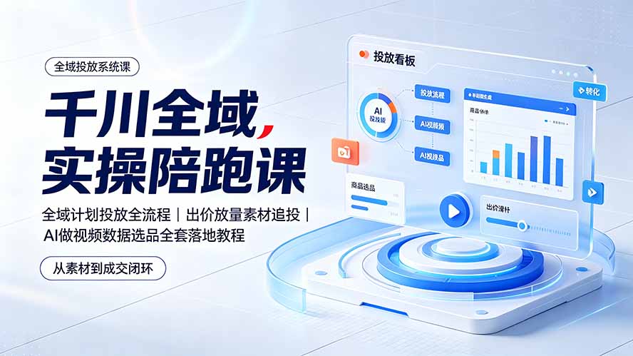 千川全域实操陪跑课:全域计划投放全流程|出价放量素材追投|AI做视频数据选品全套落地教程-搞钱利器