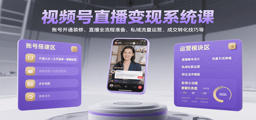视频号直播变现系统课，账号开通装修、直播全流程准备、私域流量运营、成交转化技巧等-搞钱利器