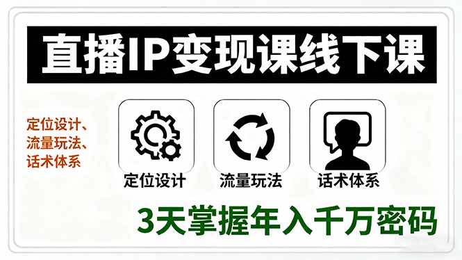 直播IP变现课线下课，定位设计、流量玩法、话术体系，3天掌握年入千万密码-搞钱利器