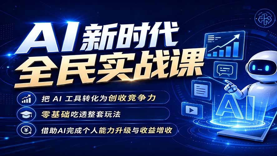 AI新时代全民实战课，把 AI 工具转化为创收竞争力，零基础吃透整套玩法，借助AI完成个人能力升级与收益增收。-搞钱利器