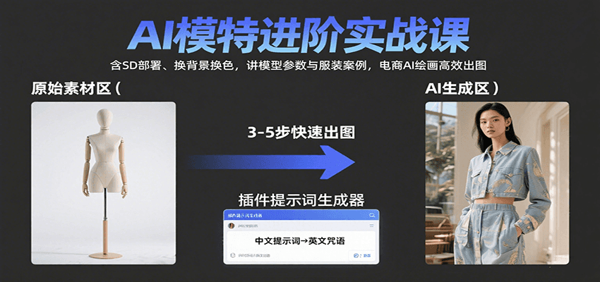 AI模特进阶实战课：含SD部署、换背景换色，讲模型参数与服装案例，电商AI绘画高效出图-搞钱利器