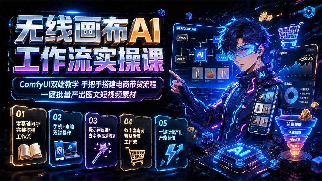 无线画布AI工作流实操课｜ComfyUI双端教学，手把手搭建电商带货流程，一键批量产出图文短视频素材-搞钱利器