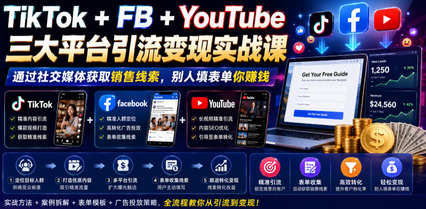 TikTok+FB+YouTube三大平台引流变现实战课，通过社交媒体获取销售线索，别人填表单你賺钱【原创双语字幕】-搞钱利器