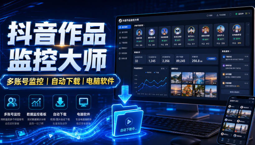 抖音作品监控大师，多账号监控丨自动下载丨电脑软件-搞钱利器