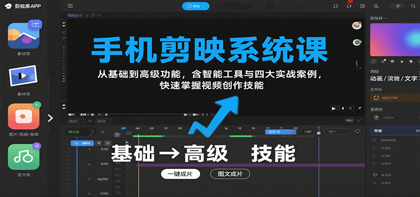 手机剪映系统课，从基础到高级功能，含智能工具与四大实战案例，快速掌握视频创作技能-搞钱利器