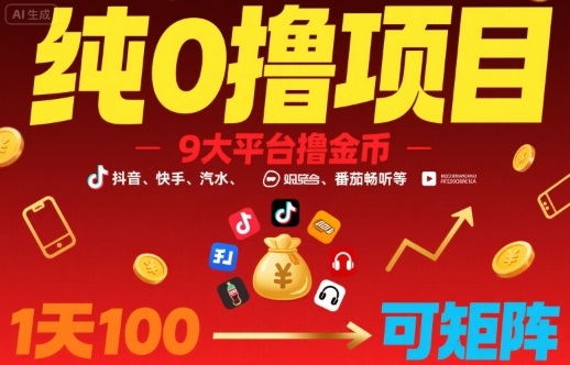 纯0撸项目，9大平台撸金币，抖音，快手，汽水，番茄畅听等，1天100，可矩阵-搞钱利器