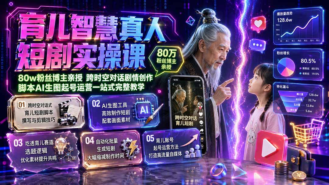育儿智慧真人短剧实操课｜80w粉丝博主亲授，跨时空对话剧情创作，脚本AI生图起号运营一站式完整教学-搞钱利器
