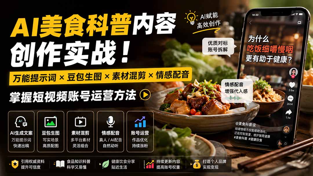 外面卖199元-AI美食科普内容创作实战！万能提示词×豆包生图×素材混剪×情感配音，掌握短视频账号运营方法-搞钱利器