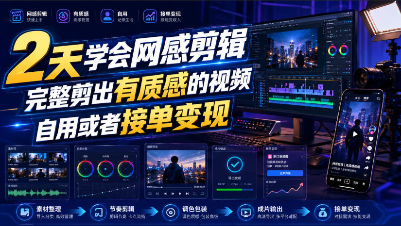 2天学会网感剪辑，完整剪出有质感的视频，自用或者接单变现-搞钱利器