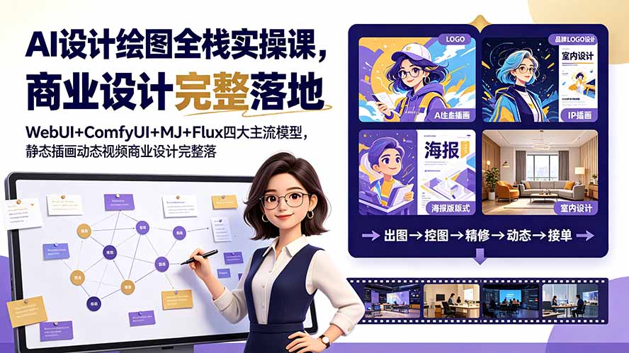 AI设计绘图全栈实操课，WebUI+ComfyUI+MJ+Flux四大主流模型，静态插画动态视频商业设计完整落地教程-搞钱利器