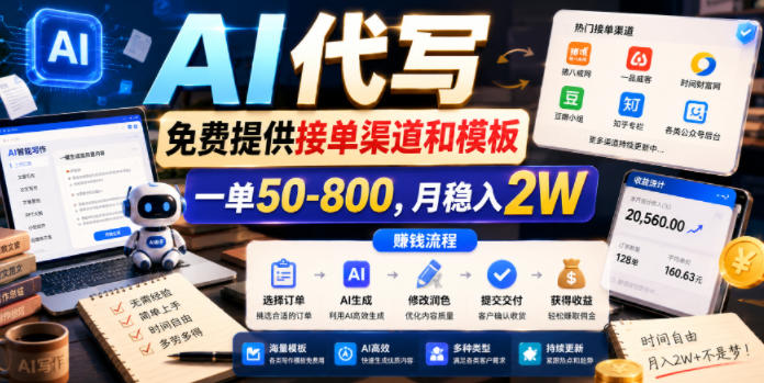 AI代写，免费提供接单渠道和模板，一单50-800，月稳入2W【揭秘】-搞钱利器
