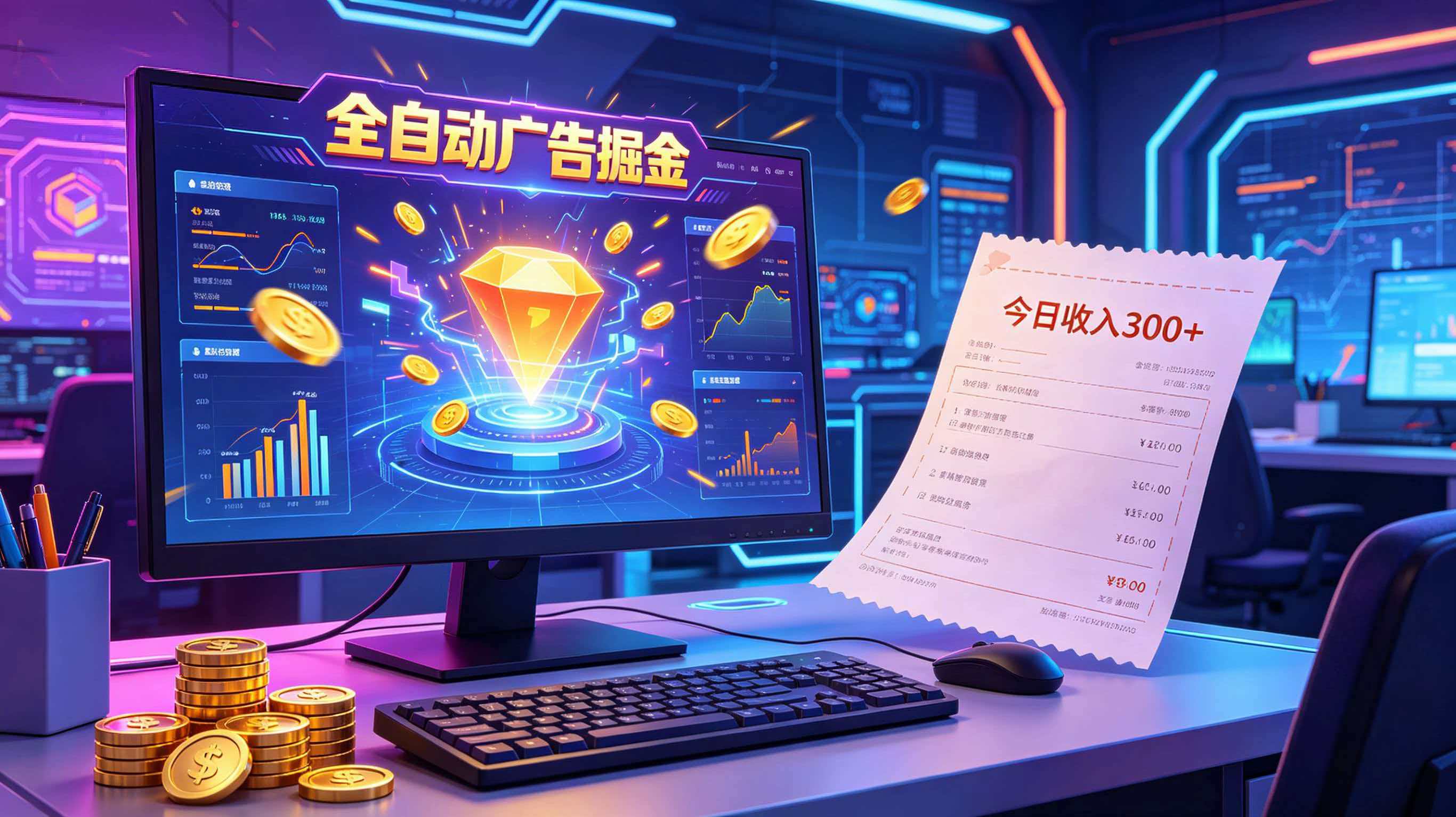 全自动广告掘金，日入300+。全程Ai自动化运行，解放双手，时间自由。收益稳定-搞钱利器