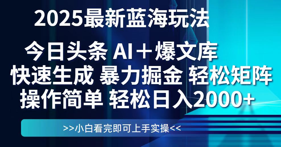 今日头条2025最新蓝海玩法，思路简单，复制粘贴，轻松实现矩阵日入2000+-搞钱利器