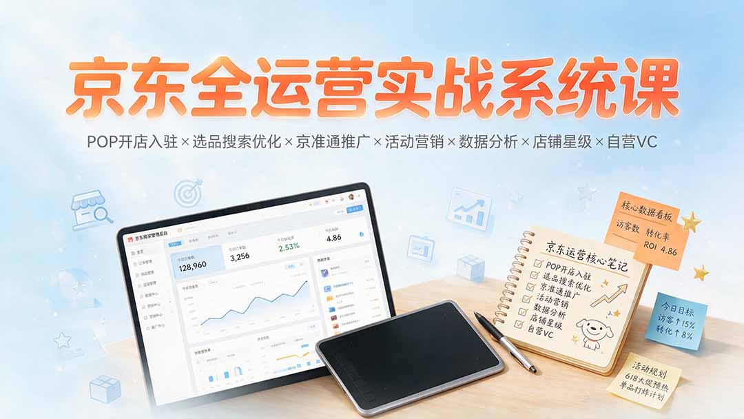 京东全运营实战系统课：POP开店入驻×选品搜索优化×京准通推广×活动营销×数据分析×店铺星级×自营VC-搞钱利器
